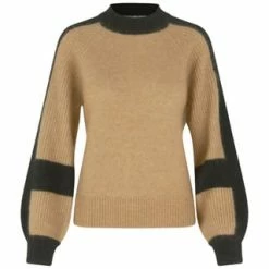 SECOND FEMALE Pullover, Stehkragen, Ballonärmel, Zweifarbiges Design, Für Damen NEW TOBACCO BROWN